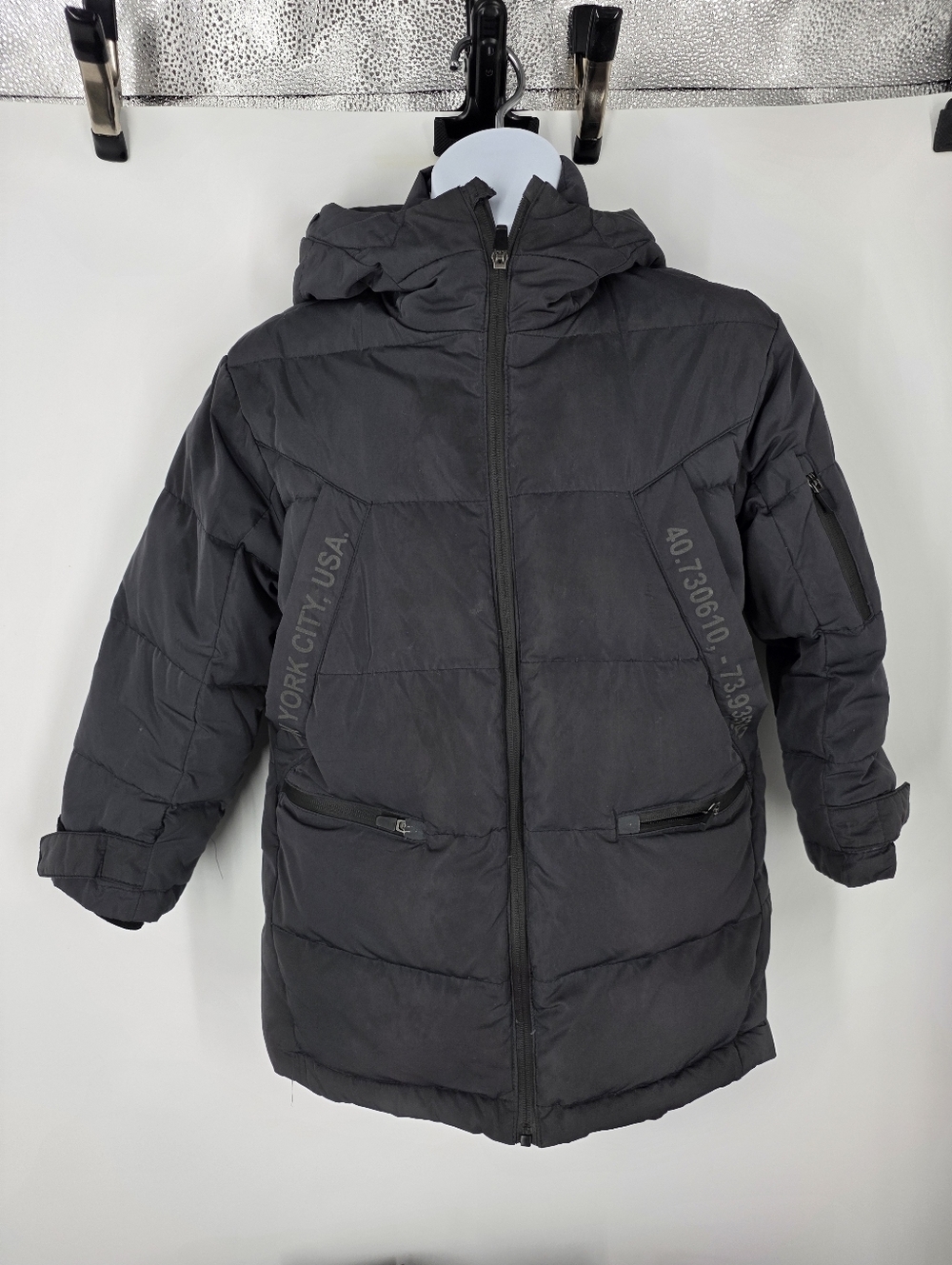 Zara Boys Puffer Jacket Size 8 Black Hooded NYC Coordinates Winter Parka Coat